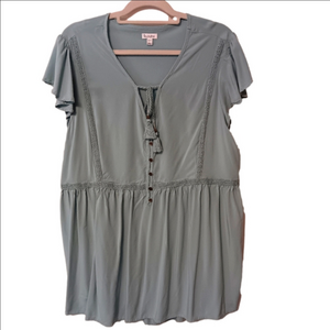 Love Fire Blue Sage Flowy Boho Pull-on Top w/ Flutter Cap Sleeves & Tassled Ties